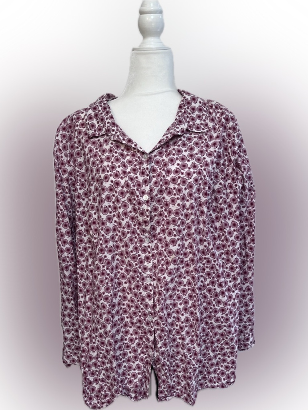 Catherine’s Bicycle Button Down Top Maroon White Long - 3/4 Sleeves 3x Plus Size